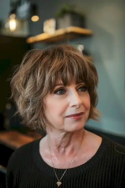 Mature woman with layered fluffy shag haircut and chestnut highlights