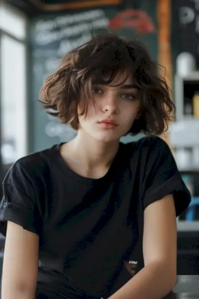 Woman with short tousled brunette bob and fluffy natural texture