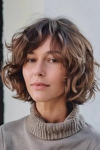 Woman with short fluffy tousled hair with highlights and fringe