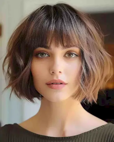 Chin-Length Tousled Brunette Bob with Visible Layers and bangs