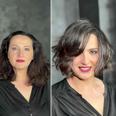 Chin-Length Sweeping Bob Cut with Layers and natural highlights