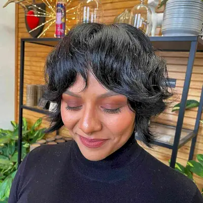 Jet Black Messy Bob with Bardot Bangs for women with short hair