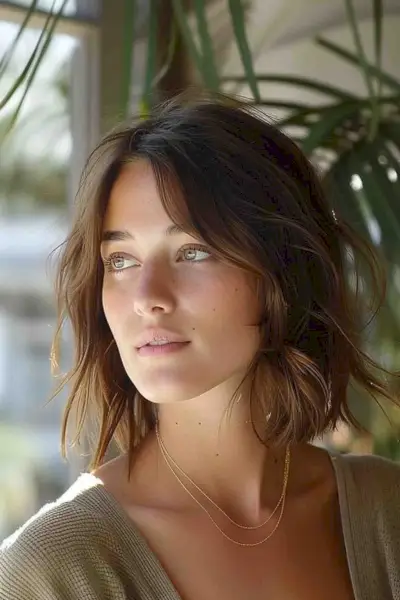 Young woman with neck-length wavy haircut with natural highlights and texture