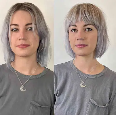 Smokey Grey Neck-Length Bob with bangs for ladies with oval faces