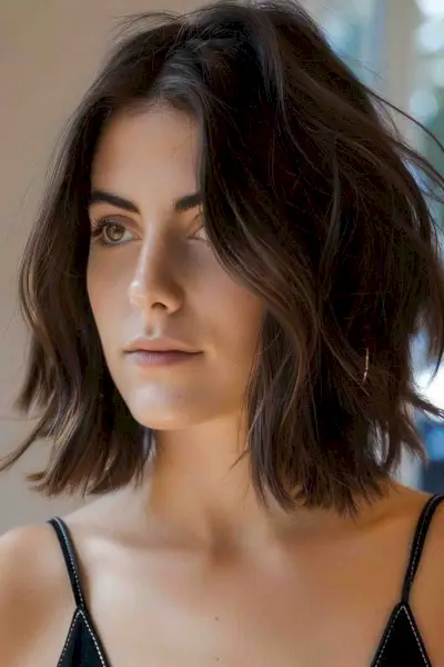 Woman with neck-length textured wavy hair in rich chocolate brown