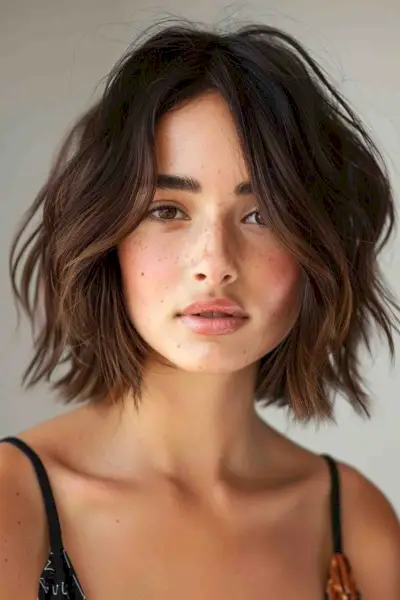 Woman with neck-length tousled bob and balayage fringe