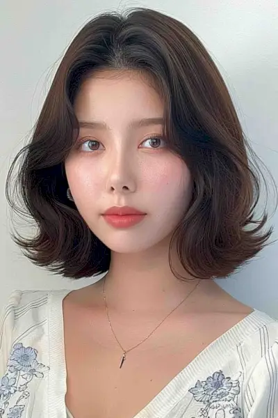 Young woman with voluminous neck-length bob and curled ends