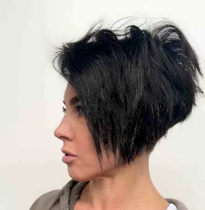 Pixie Bob with Stacked Layers on Thick Hair at Jaw-Length