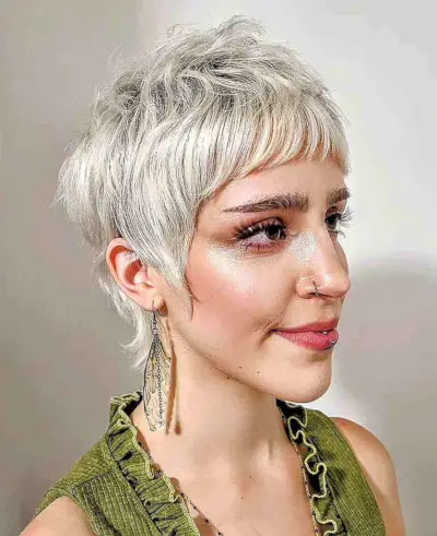 Short Shaggy Pixie Mullet with Silver Balayage