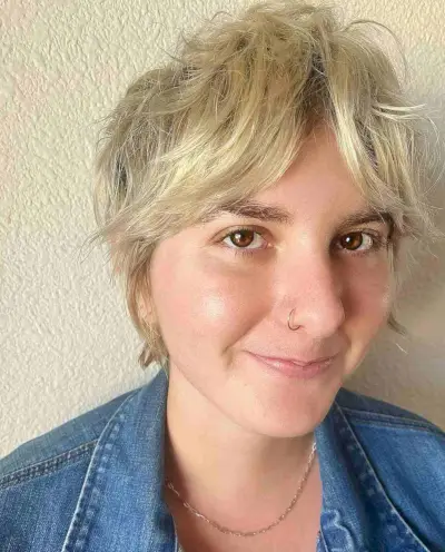 Long Curtain Bangs on Shaggy Mixie Hair