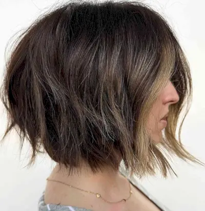 short, choppy bob with Lots of Volume and blunt ends with a money piece