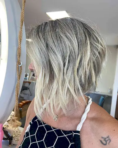 short, choppy angled bob haircut
