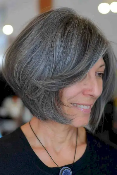 Salt-and-Pepper Graduated Bob with Swoop Bangs