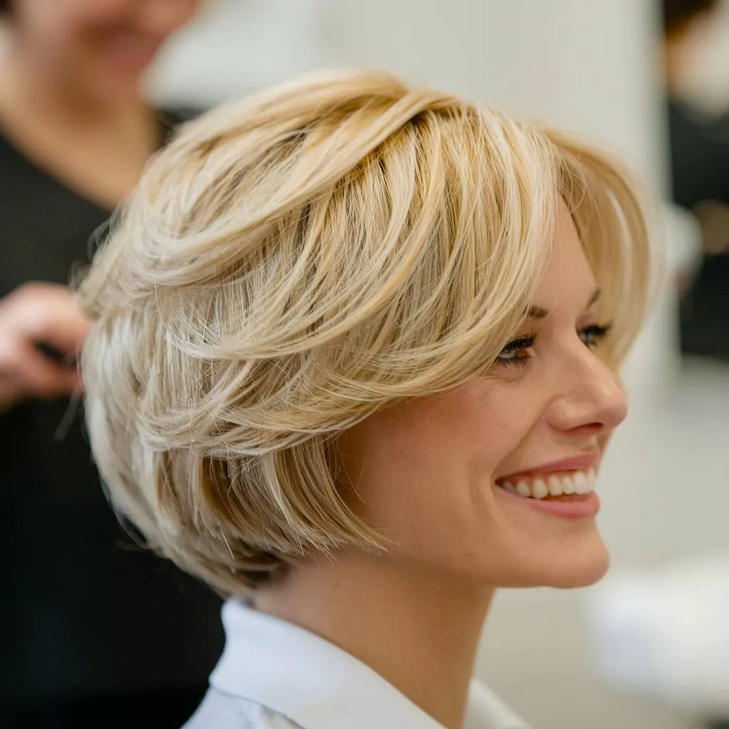 Volumineuze korte blonde bob met gestapelde laagjes voor volheid en lift' title=