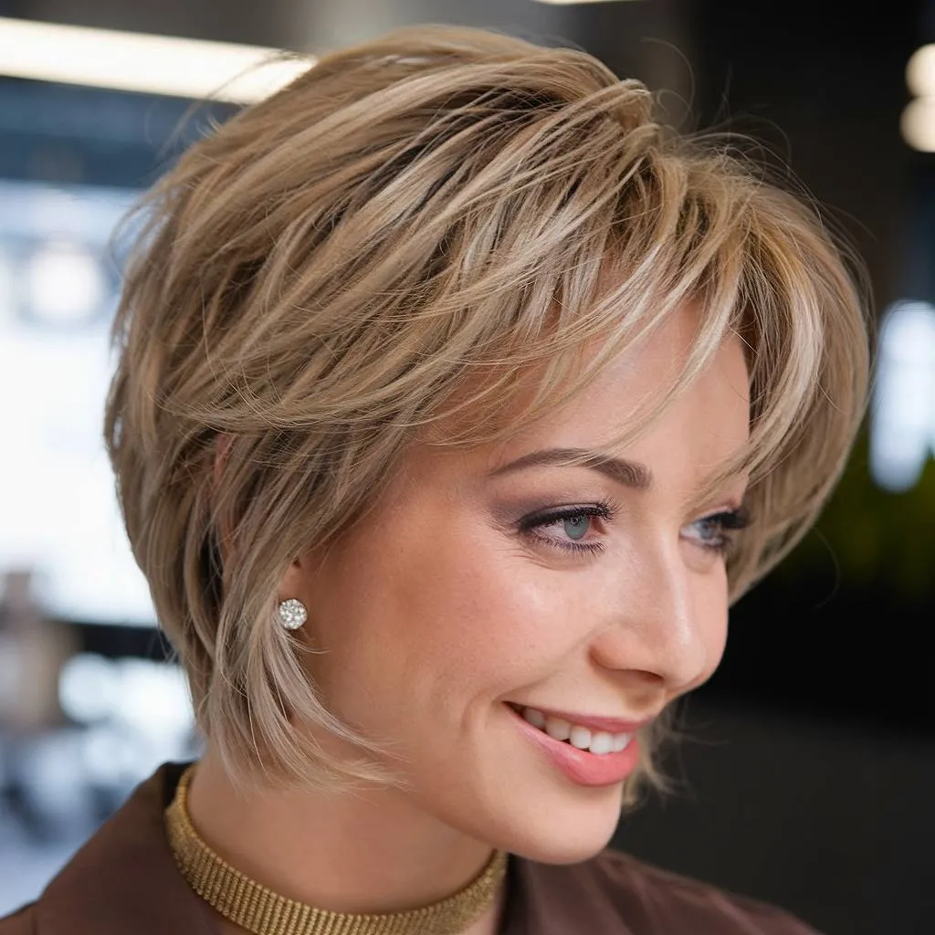 Gelaagde korte blonde bob met gevederde uiteinden voor volume en lichtheid' title=