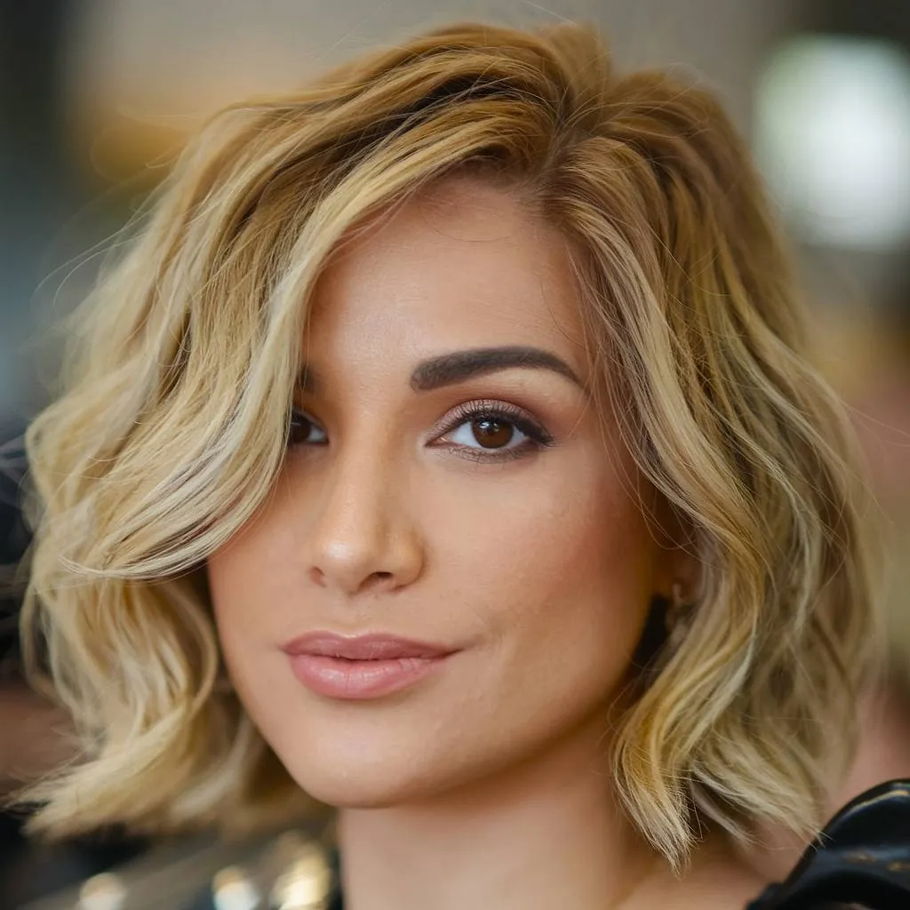 Warrige korte blonde bob met zachte golven voor een ontspannen, getextureerde look' title=