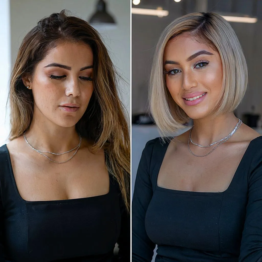 Strakke platinablonde bob met stompe uiteinden voor een scherpe, moderne afwerking' title=