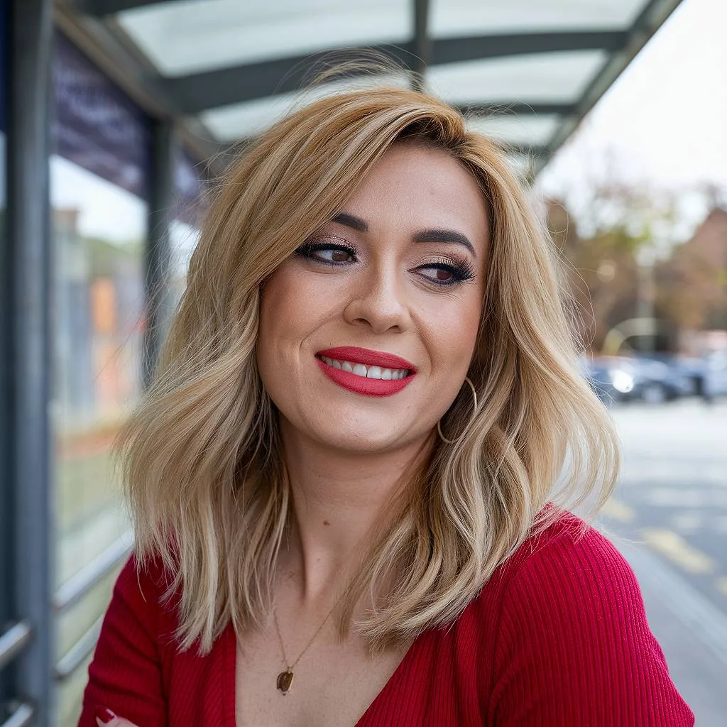 Getextureerde blonde lob met zachte golven en omkaderende lagen voor volume en beweging' title=