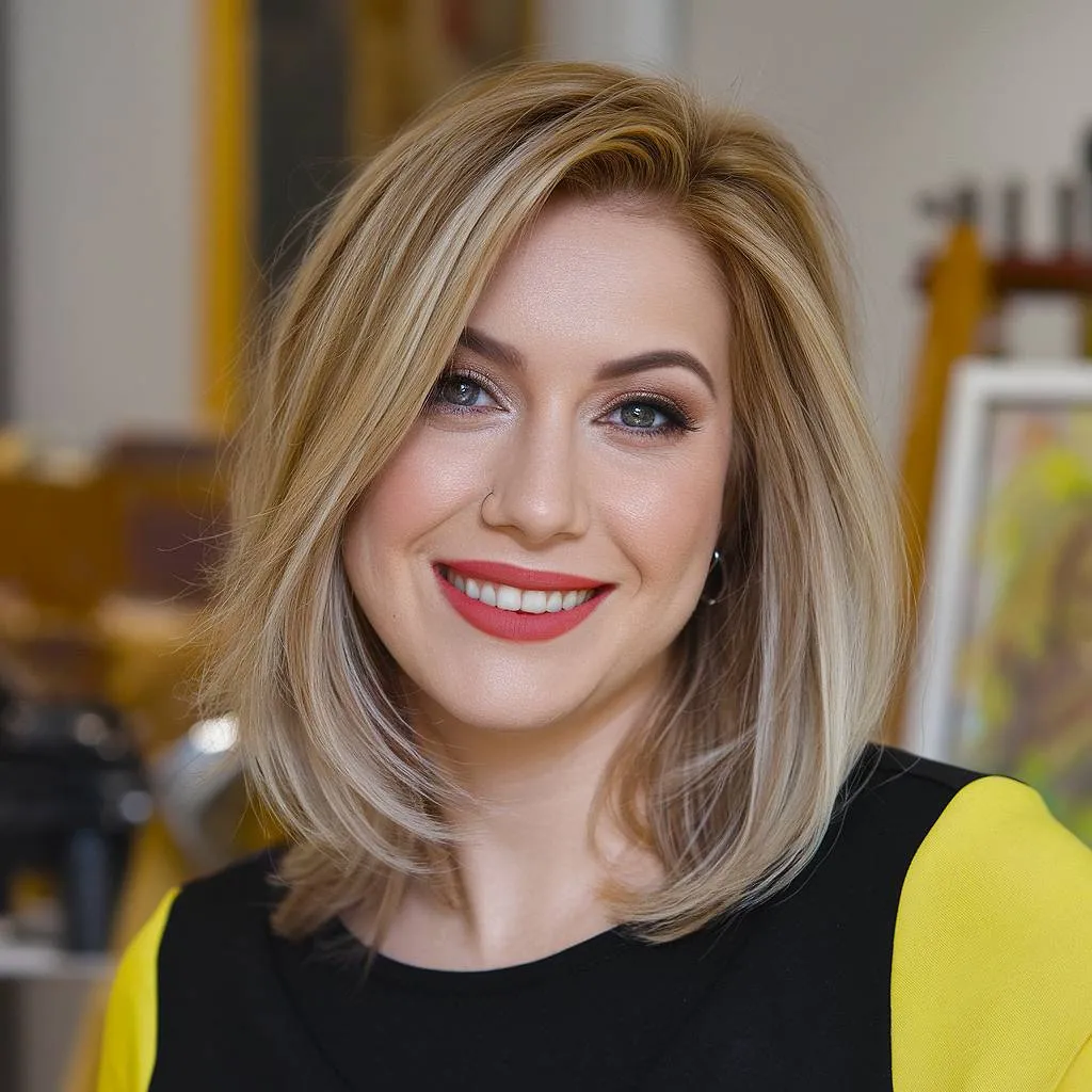 Blonde lob op schouderlengte met zachte lagen en een zijscheiding die volume en beweging toevoegt aan fijn haar' title=