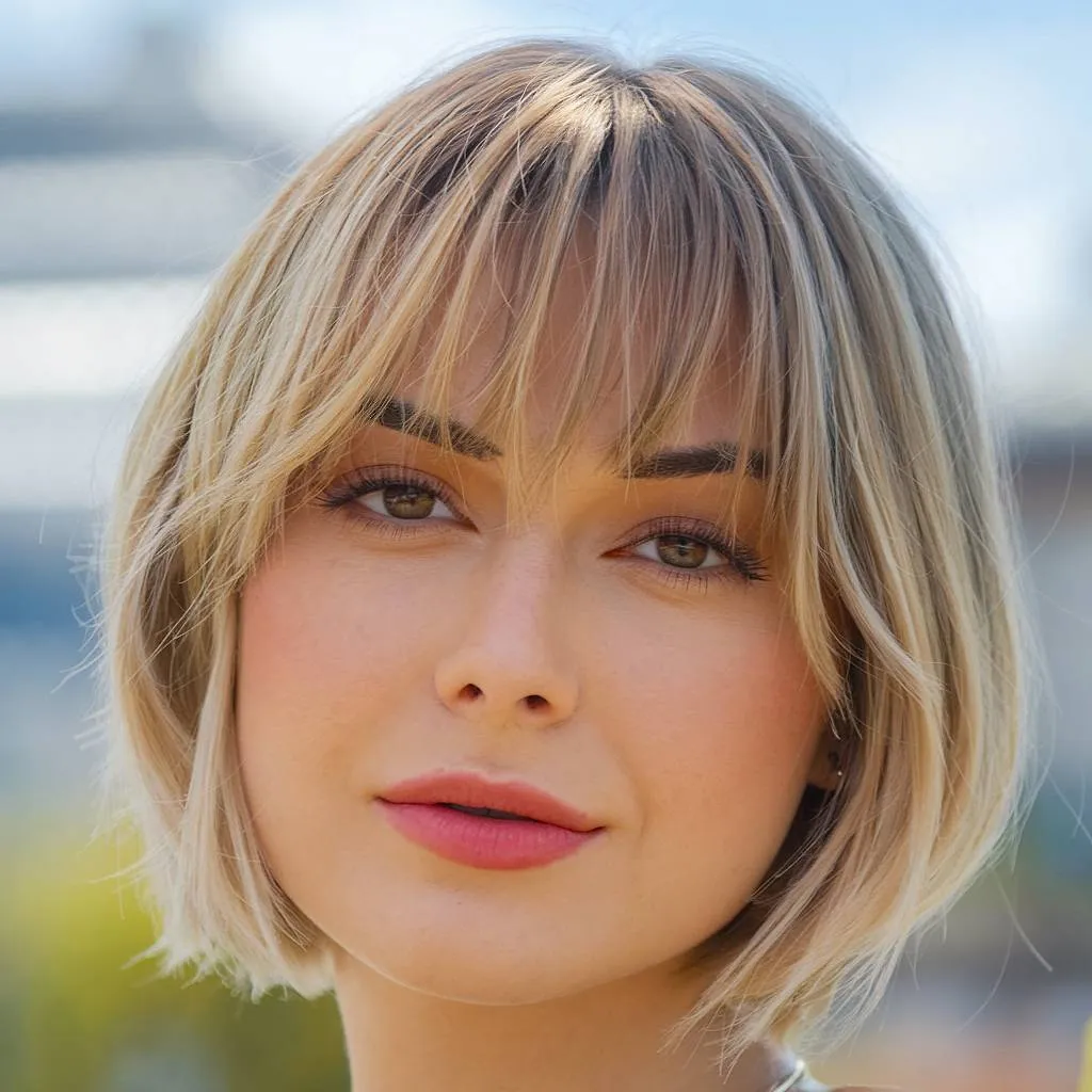 Korte blonde bob met zachte, schokkerige pony voor een jeugdige, trendy look' title=