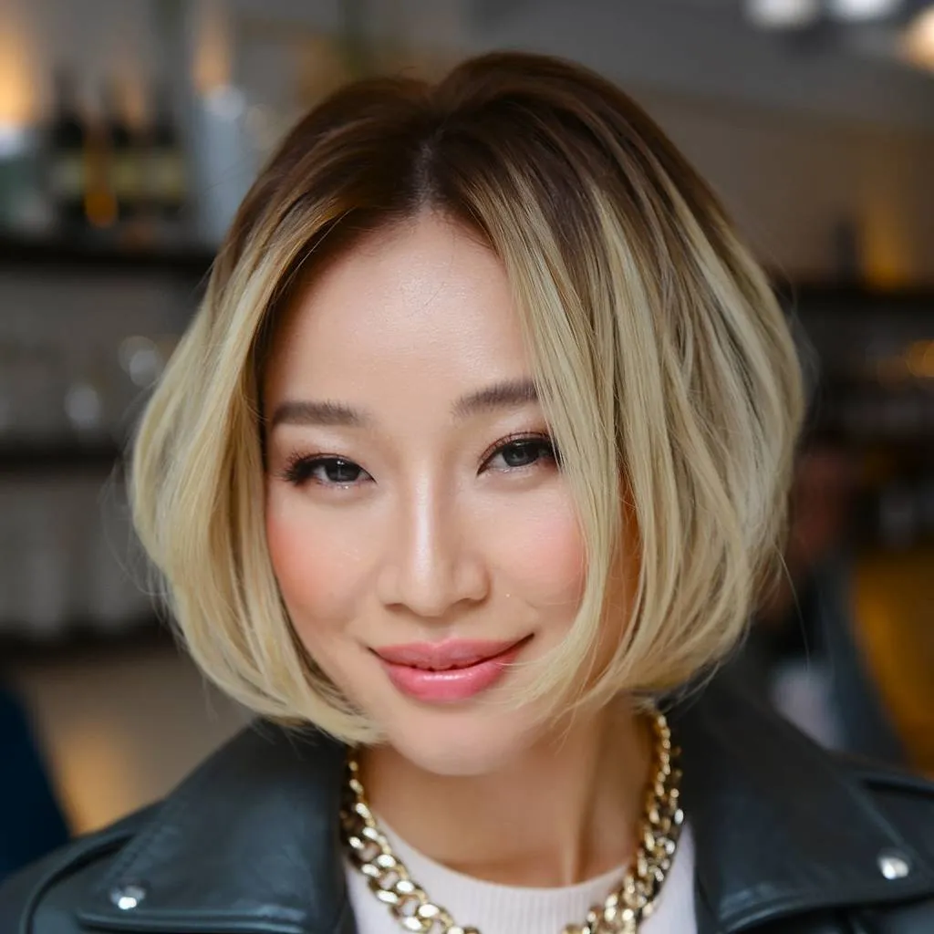 Blonde balayagebob op kinlengte met een schaduwwortel voor diepte en dimensie' title=