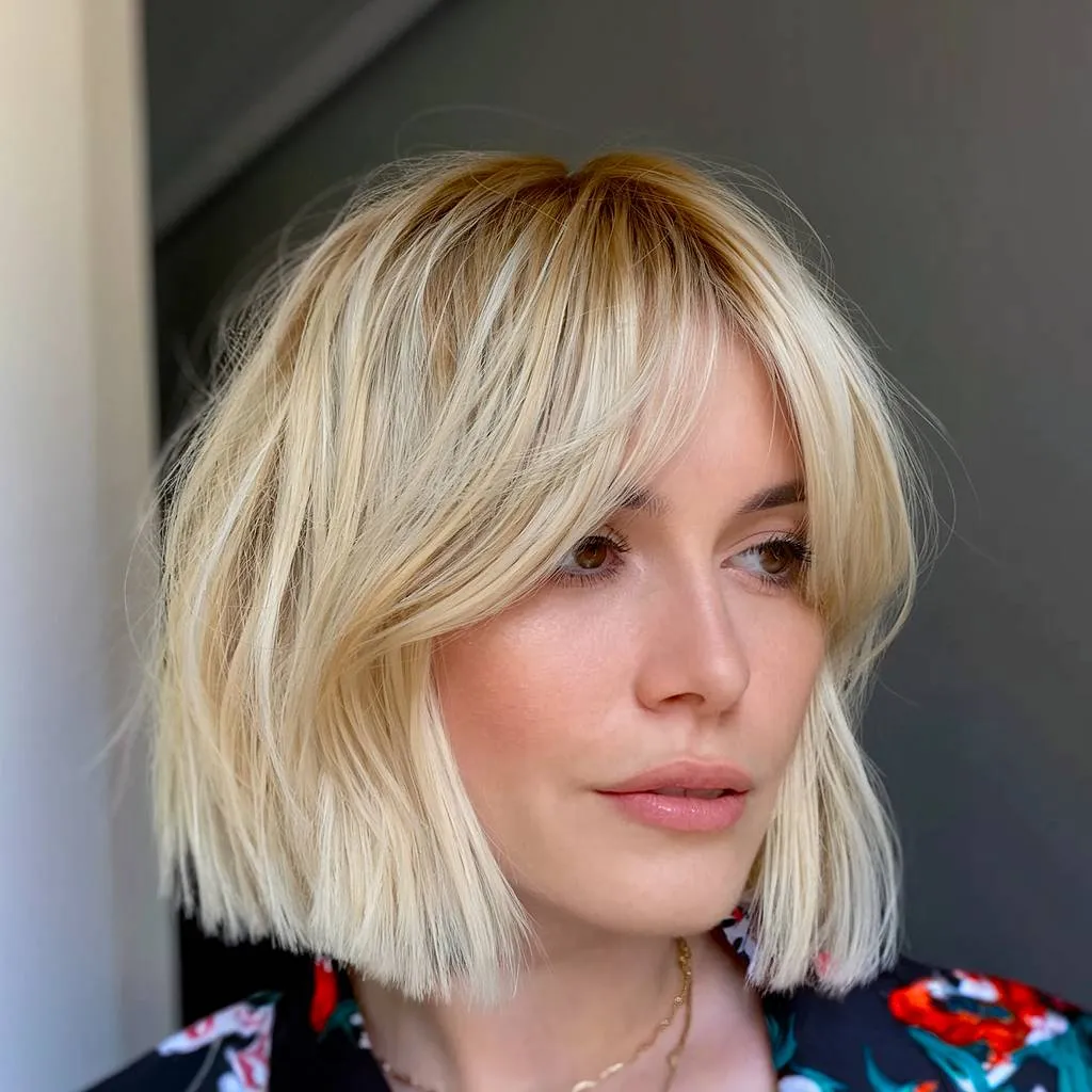 Blonde korte bob met zachte gordijnpony voor beweging en zachtheid om het gezicht te omlijsten' title=