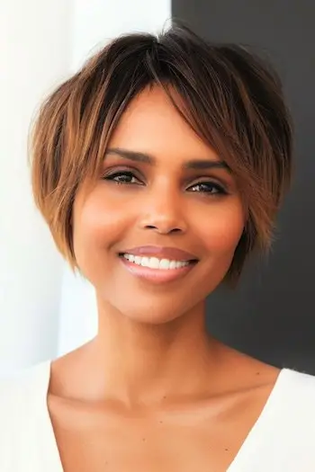 Pixie Bob stratificat cu breton măturat lateral Tunsoare scurtă în straturi.