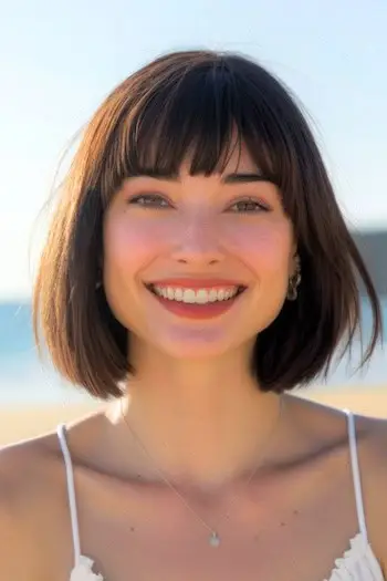 Bob con flequillo peinado corto para cabello grueso.