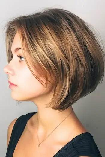 Peinado corto Bob apilado para cabello grueso.