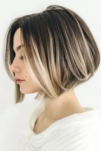 Bob apilado con peinado corto con reflejos gruesos para cabello grueso.