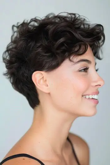 Pixie rizado con peinado corto de cuello cónico para cabello grueso.
