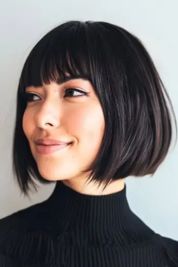Bob con flequillo contundente, peinado corto para cabello grueso.
