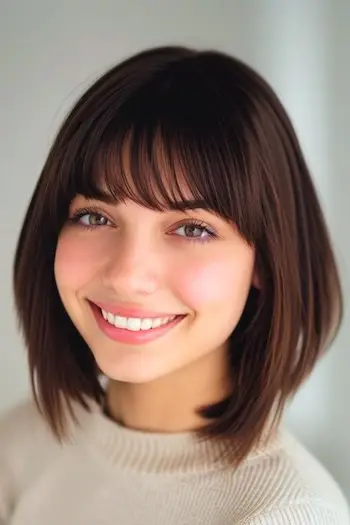 Vinklet Bob med pandehår lige frisure.