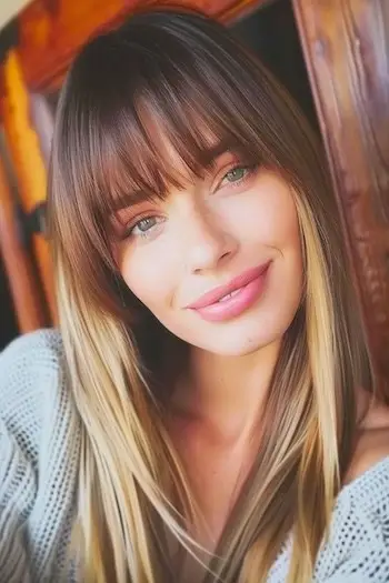 Lang Ombre klip med pandehår lige frisure.