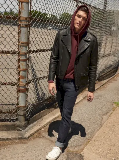 Hoodie Läderjacka Jeans Outfit Herr Mango