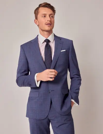 Hawes & Curtis blauwroze Prince of Wales geruite pak 1913-collectie