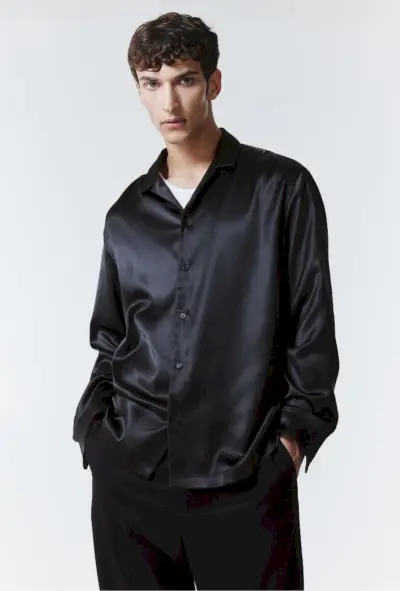 H&M Chemise Regular Fit En Satin Resort Hommes Noir