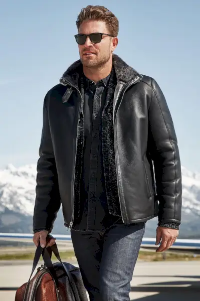 Biker Outfit Menn Saueskinnsjakke Jeans Denimskjorte