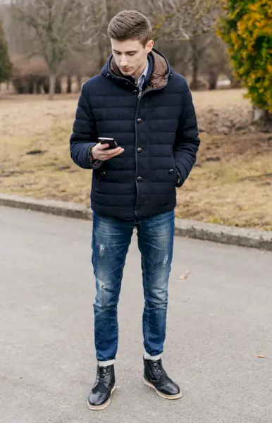 Pufferjacka Outfit Herr Jeans Stövlar