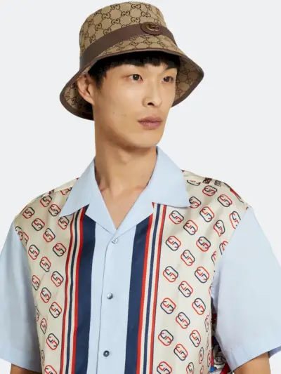 Chapeau bob en toile monogrammée à finitions en cuir Gucci