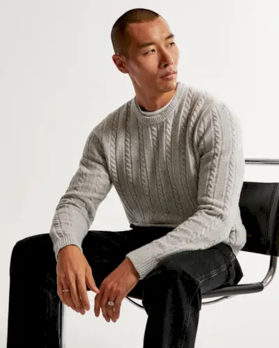 Ljus gråmelerad Cable Knit Crew Sweater Herr Abercrombie & Fitch