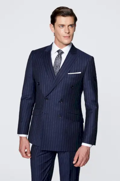 חליפת גברים סגנונות Hawes Curtis Navy Chalk Stripe Slim Slim חזה כפול