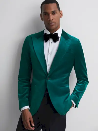 REISS Turquoise slim-fit fluwelen blazer met enkele rij knopen, heren
