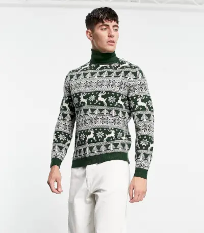ASOS Design Gebreide kersttrui Fair Isle Hertgroen Heren
