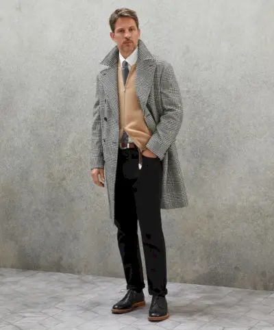 Business Casual Black Jeans Pánske Check Coat Brunello Cucinelli