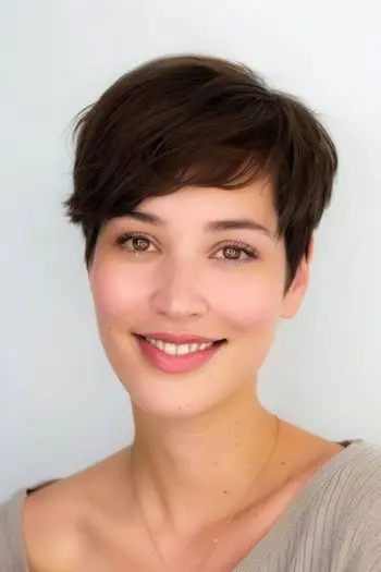 Peinado de duendecillo redondeado con flequillo para cabello fino.