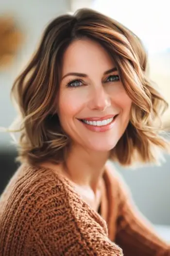 Bob rizado con peinado de parte lateral para cabello fino.