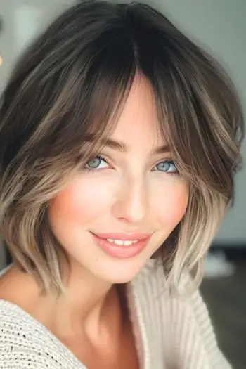 Bob resaltado con peinado con flequillo de cortina para cabello fino.