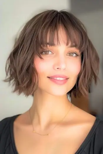 Bob texturizado con peinado de flequillo tenue para cabello fino.
