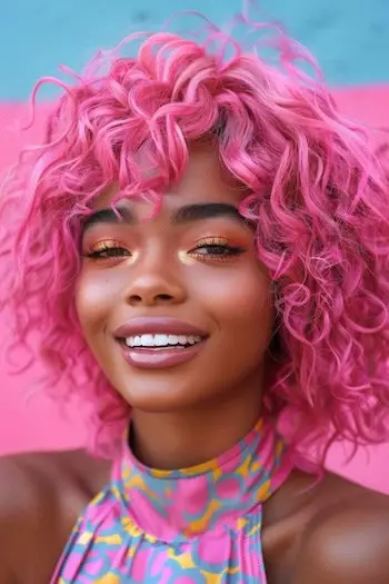 곱슬 자홍색 핑크 레이어 핑크 헤어 컬러 아이디어.